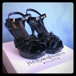 YSL Tribute Sandals 40.5 Black Patent 100MM